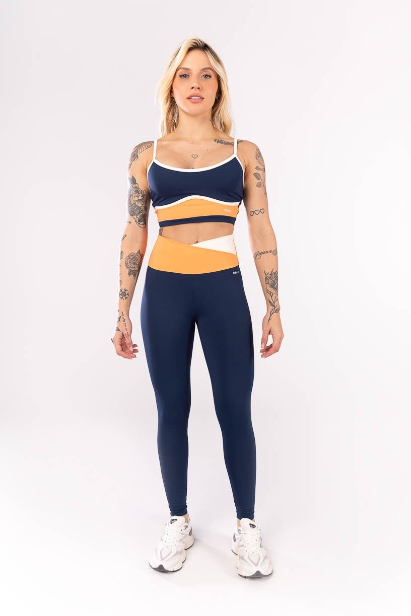 KIT TOP + CALÇA LEGGING COM CÓS TRANSPASSADO (AZUL MARINHO / LARANJA / OFF WHITE)