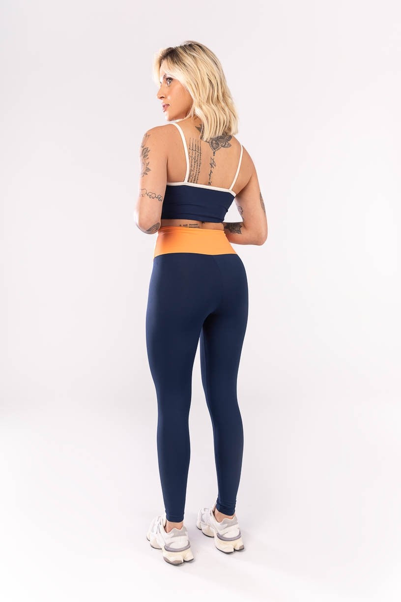 KIT TOP + CALÇA LEGGING COM CÓS TRANSPASSADO (AZUL MARINHO / LARANJA / OFF WHITE)