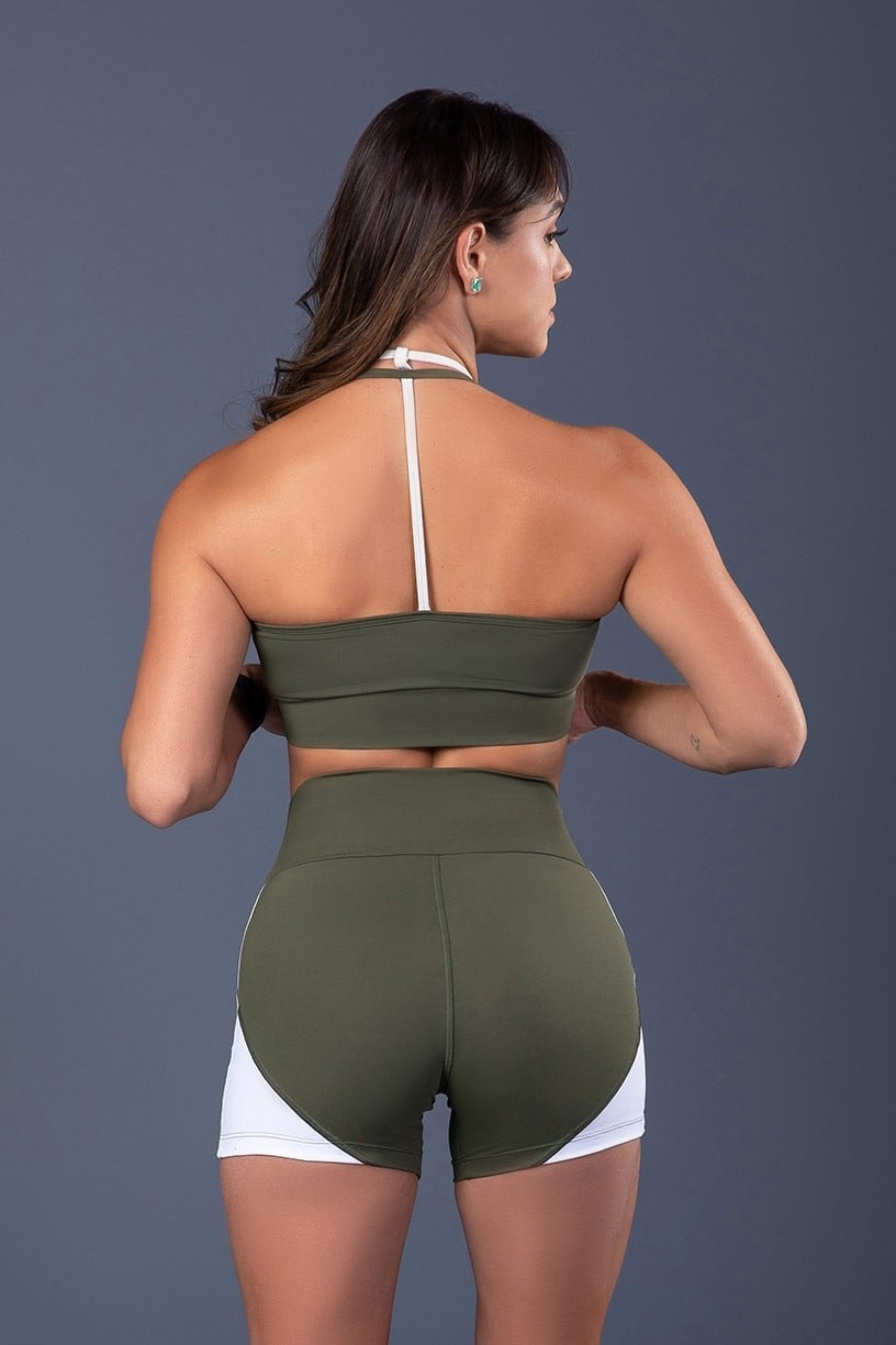 [CONJUNTO] - Short + Top de Alças Duplas Com Detalhe Em t (verde Militar / Branco)