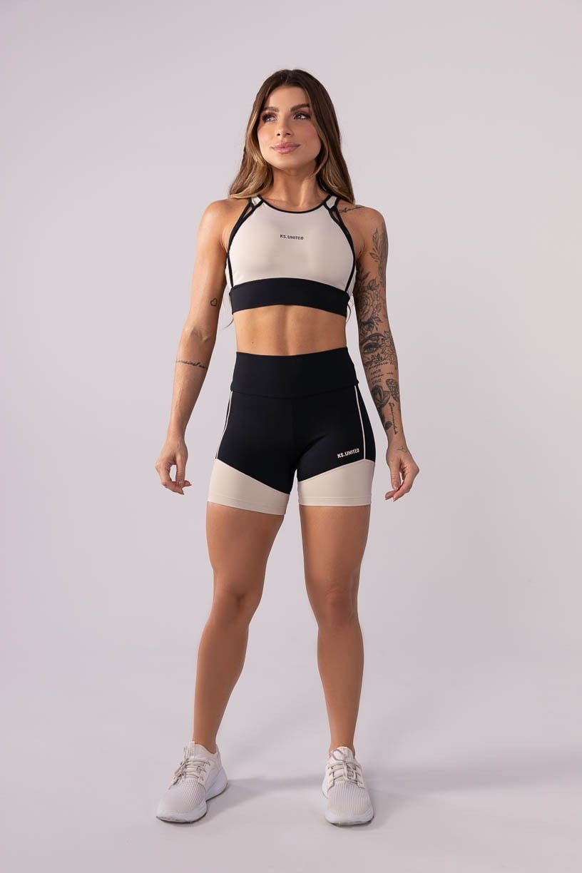 [CONJUNTO] - Top + Short com Recorte e Vivo (Preto / Off-White) | Ref: K3511-A
