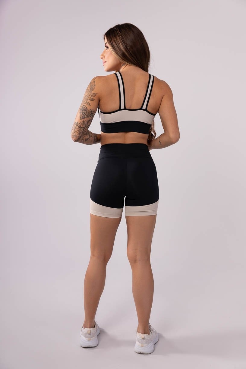 [CONJUNTO] - Top + Short com Recorte e Vivo (Preto / Off-White) | Ref: K3511-A