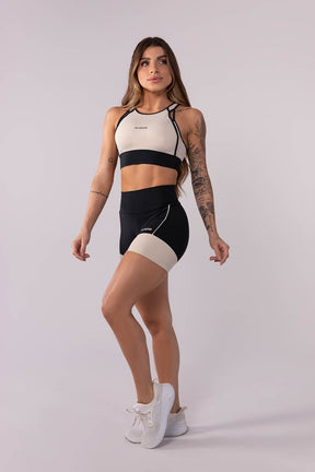 [CONJUNTO] - Top + Short com Recorte e Vivo (Preto / Off-White) | Ref: K3511-A