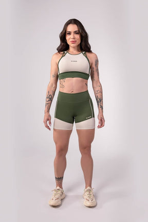 [CONJUNTO] - Top + Short com Recorte e Vivo (Verde Militar / Off-White) | Ref: K3511-C