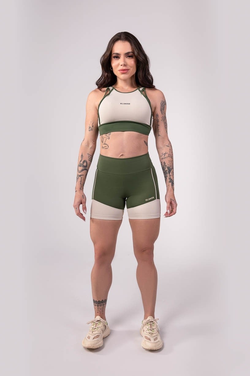 [CONJUNTO] - Top + Short com Recorte e Vivo (Verde Militar / Off-White) | Ref: K3511-C