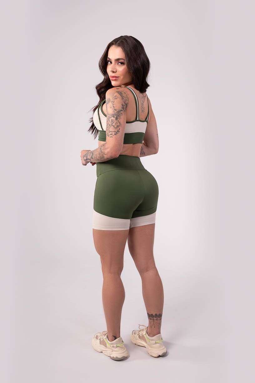 [CONJUNTO] - Top + Short com Recorte e Vivo (Verde Militar / Off-White) | Ref: K3511-C