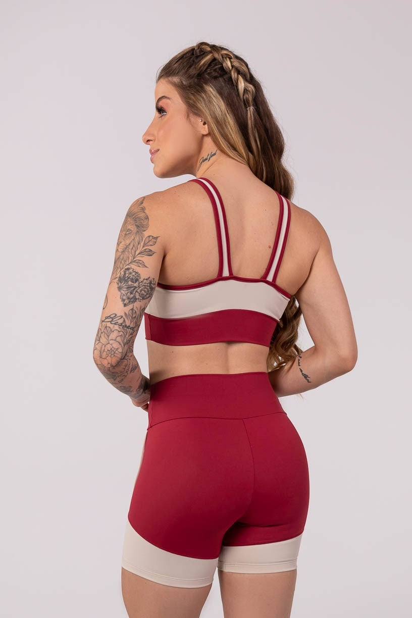 [CONJUNTO] - Short + Top com Alças e Detalhe em Viés (Off-White / Vinho) | Ref: K3512-D