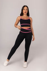 [CONJUNTO]  Top + Calça Legging com Cós Transpassado e Chapado (Preto / Rosa Chiclete) | Ref: K4296-A