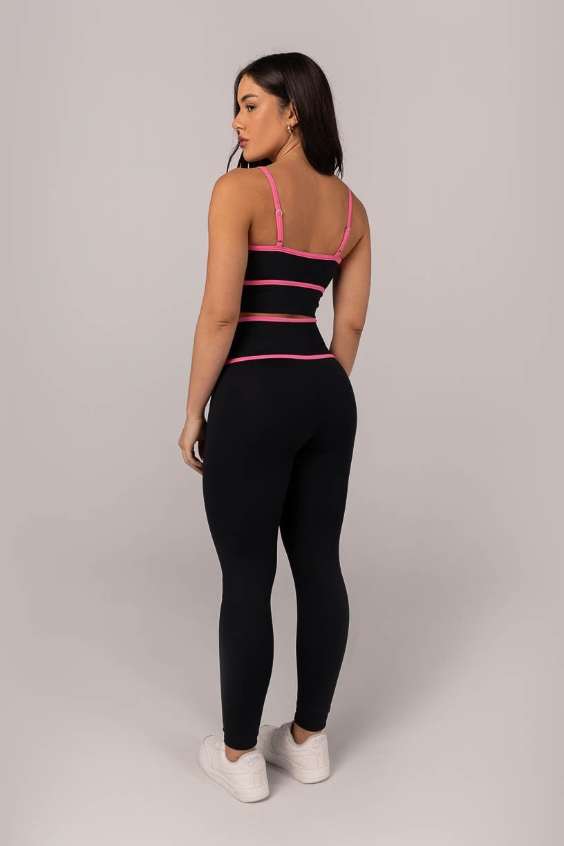 [CONJUNTO]  Top + Calça Legging com Cós Transpassado e Chapado (Preto / Rosa Chiclete) | Ref: K4296-A