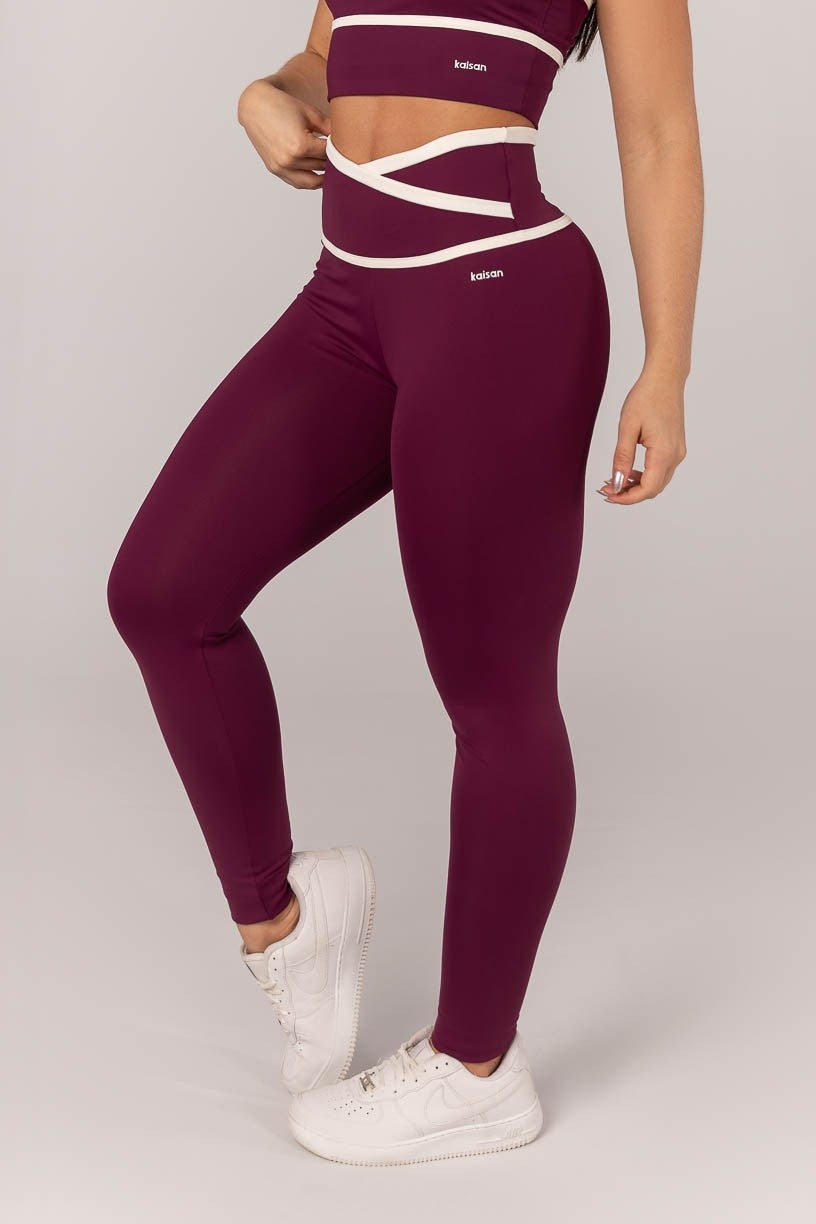 [CONJUNTO]  Top + Calça Legging com Cós Transpassado e Chapado (Uva / Off-White) | Ref: K4296-B