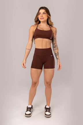 [CONJUNTO] - Top + Short com Cós em V e Recortes (Marrom Escuro) | Ref: K4082-D
