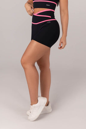 [CONJUNTO]  Top + Short com Cós Transpassado e Chapado (Preto / Rosa Chiclete) | Ref: K4297-A