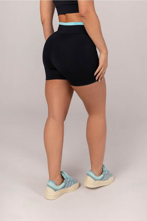 [CONJUNTO] - Top + Short com Cós em V e Vira (Preto / Azul Turquesa) | Ref: K4313-A