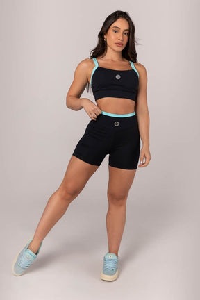 [CONJUNTO] - Top + Short com Cós em V e Vira (Preto / Azul Turquesa) | Ref: K4313-A