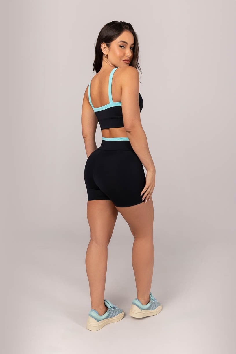 [CONJUNTO] - Top + Short com Cós em V e Vira (Preto / Azul Turquesa) | Ref: K4313-A