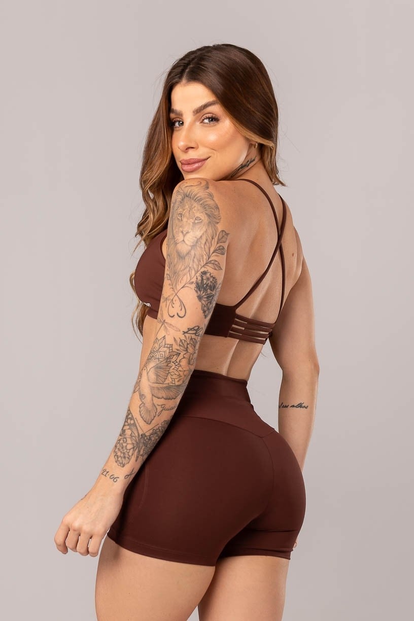 [CONJUNTO] - Top + Short com Cós em V e Recortes (Marrom Escuro) | Ref: K4082-D