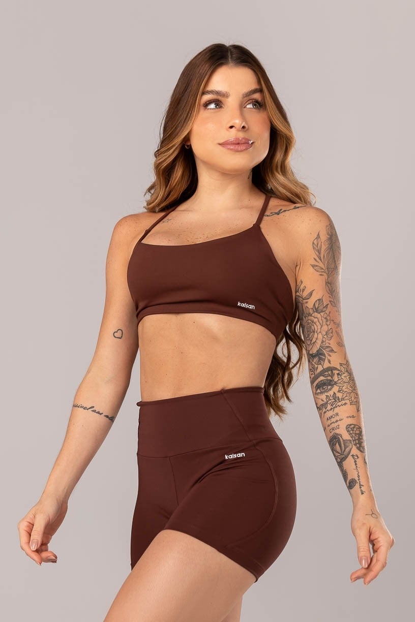 [CONJUNTO] - Top + Short com Cós em V e Recortes (Marrom Escuro) | Ref: K4082-D