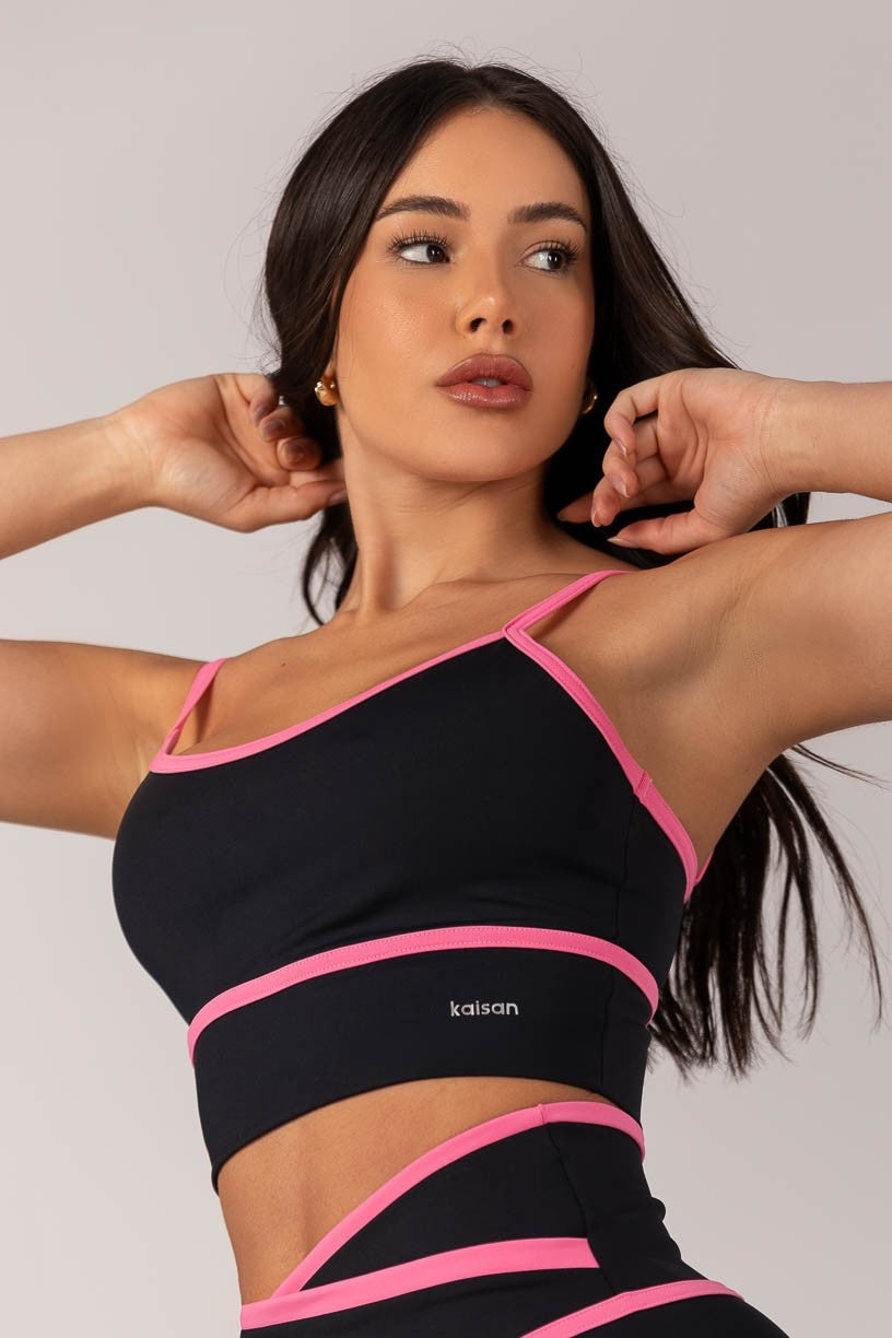 [CONJUNTO]  Top + Calça Legging com Cós Transpassado e Chapado (Preto / Rosa Chiclete) | Ref: K4296-A