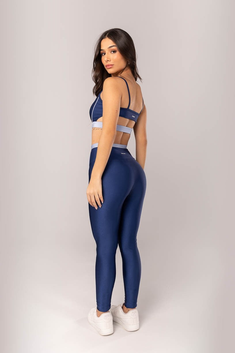 [CONJUNTO] - Top + Calça Legging com Vira e Vivo (Azul Marinho / Azul Claro) | Ref: K4013-F