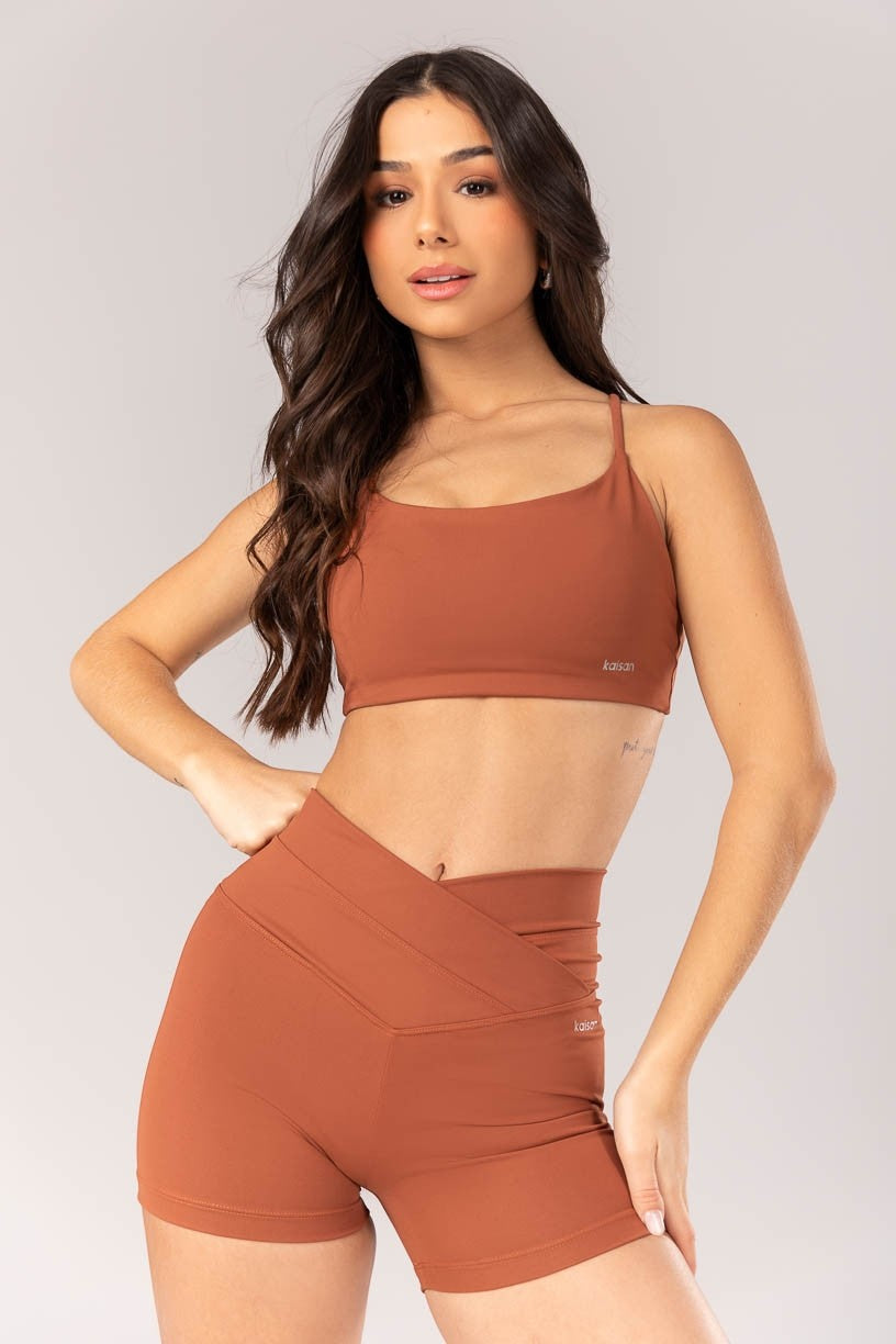 [CONJUNTO] - Top + Short com Cós Transpassado Frente e Costas (Marrom) | Ref: K4043-G
