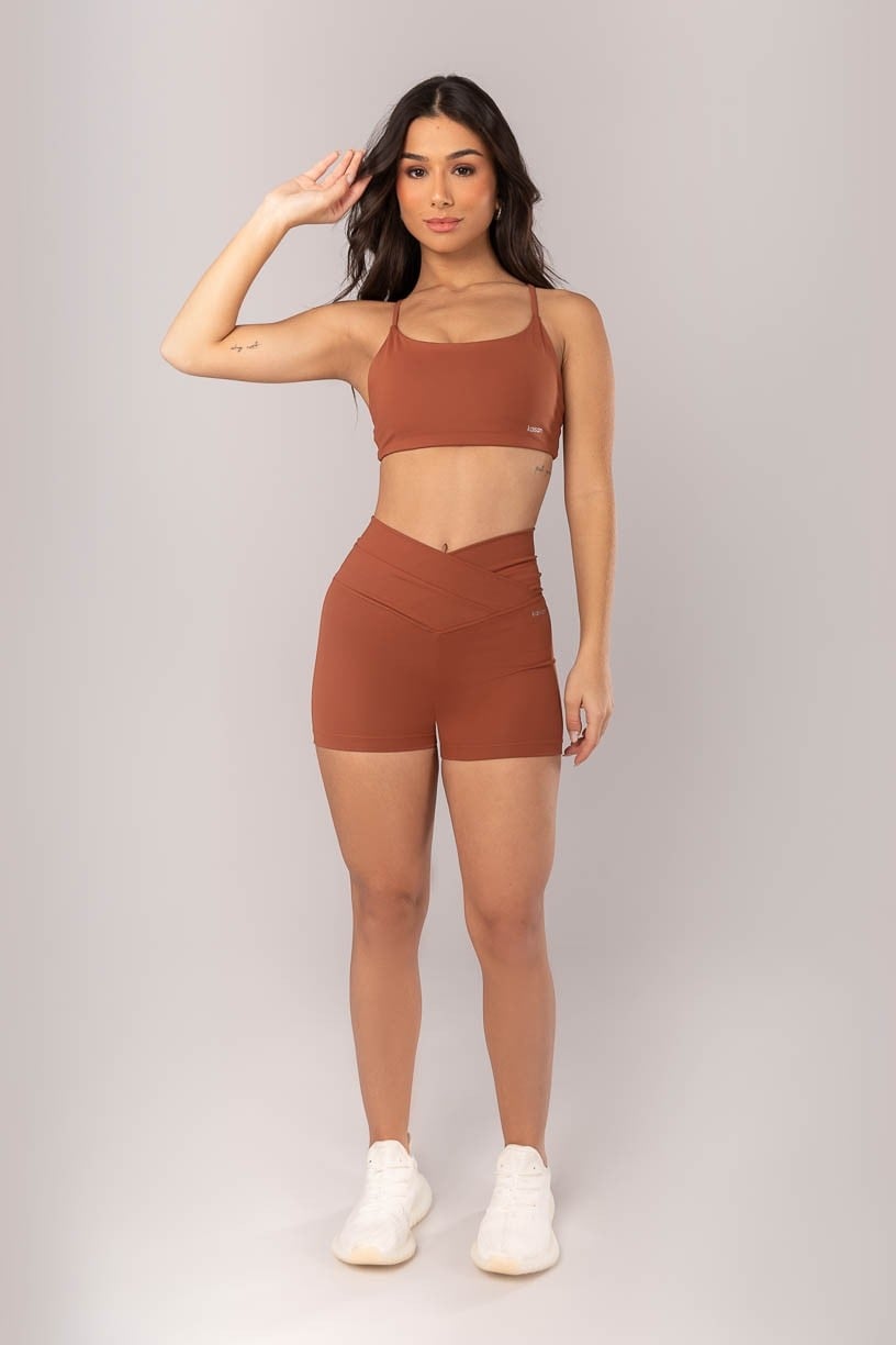 [CONJUNTO] - Top + Short com Cós Transpassado Frente e Costas (Marrom) | Ref: K4043-G