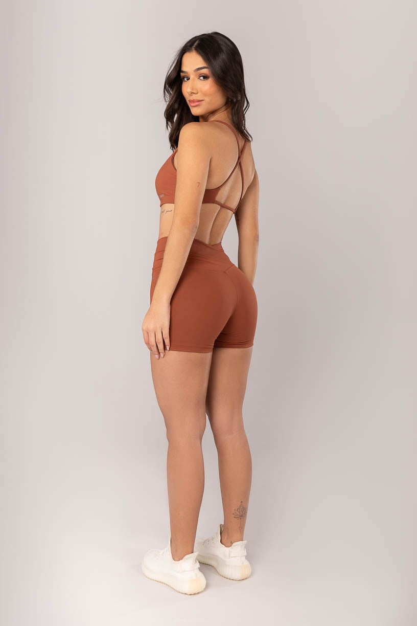 [CONJUNTO] - Top + Short com Cós Transpassado Frente e Costas (Marrom) | Ref: K4043-G