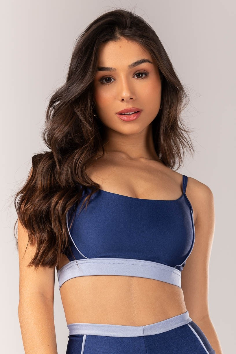 [CONJUNTO] - Top + Calça Legging com Vira e Vivo (Azul Marinho / Azul Claro) | Ref: K4013-F