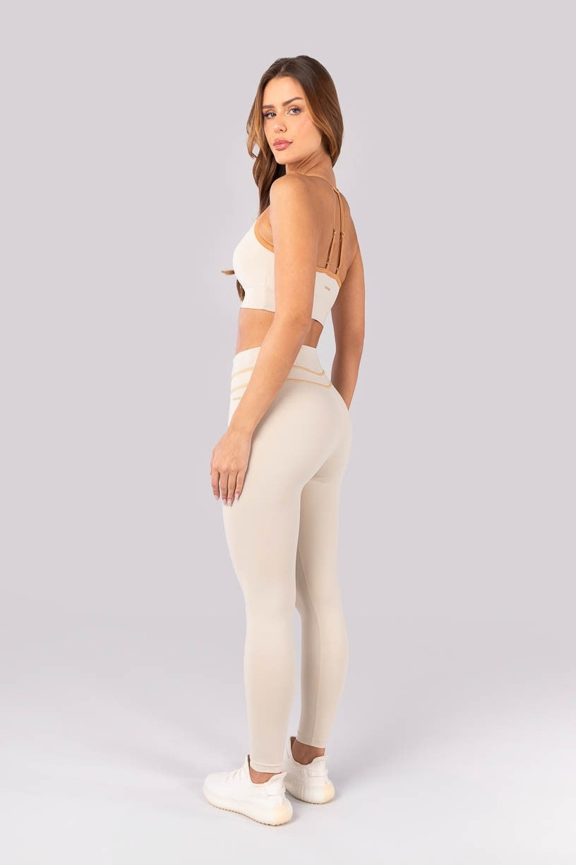[CONJUNTO] - Top + Calça Legging com Cobertura no Cós (Bege / Caramelo) | Ref: K4390-A