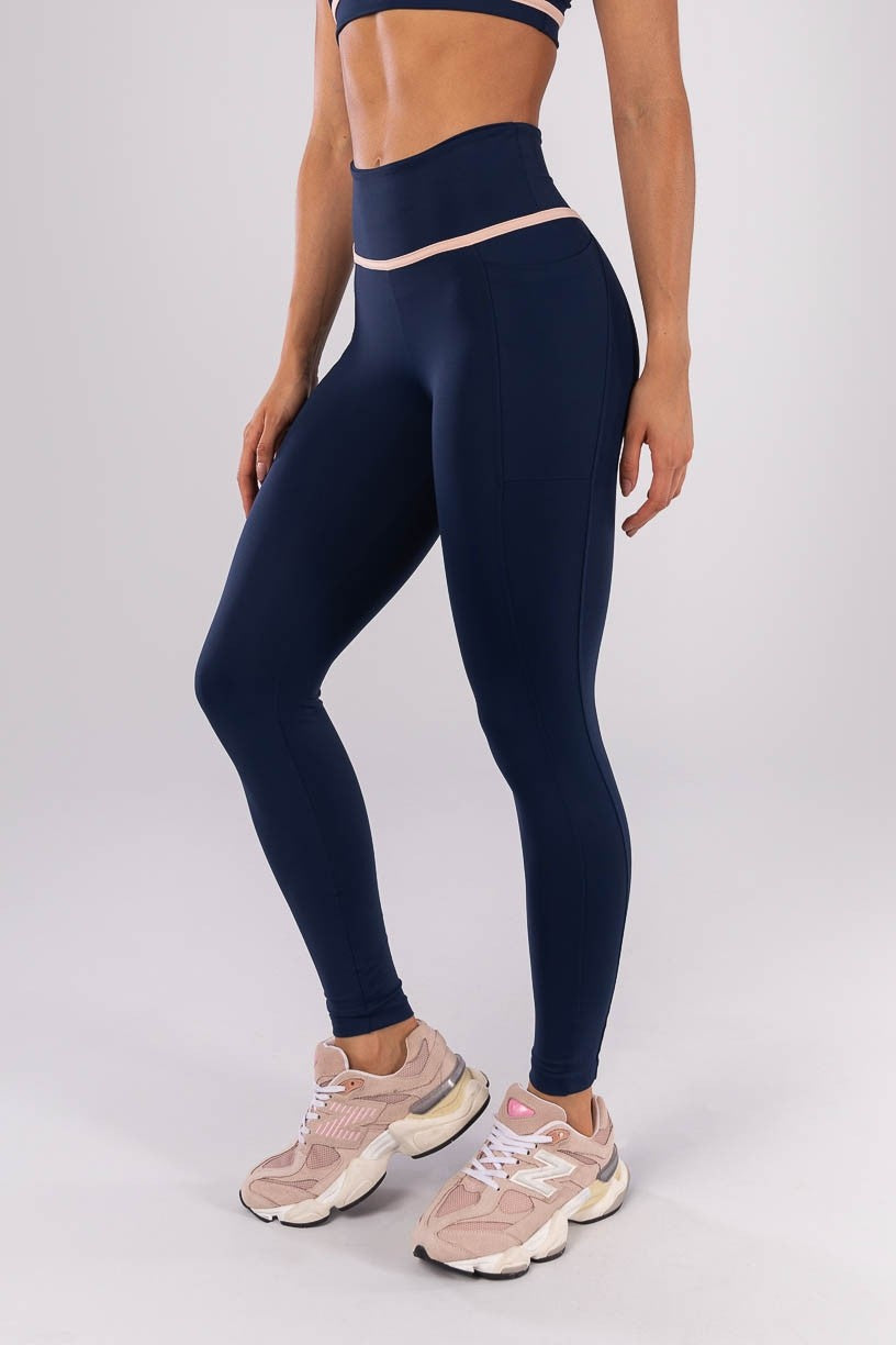 [CONJUNTO]  Top + Calça Legging com Bolsos e Chapado no Cós (Azul Marinho / Rosa Bebê) | Ref: K4521-A