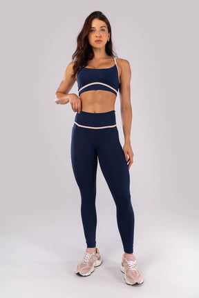 [CONJUNTO]  Top + Calça Legging com Bolsos e Chapado no Cós (Azul Marinho / Rosa Bebê) | Ref: K4521-A