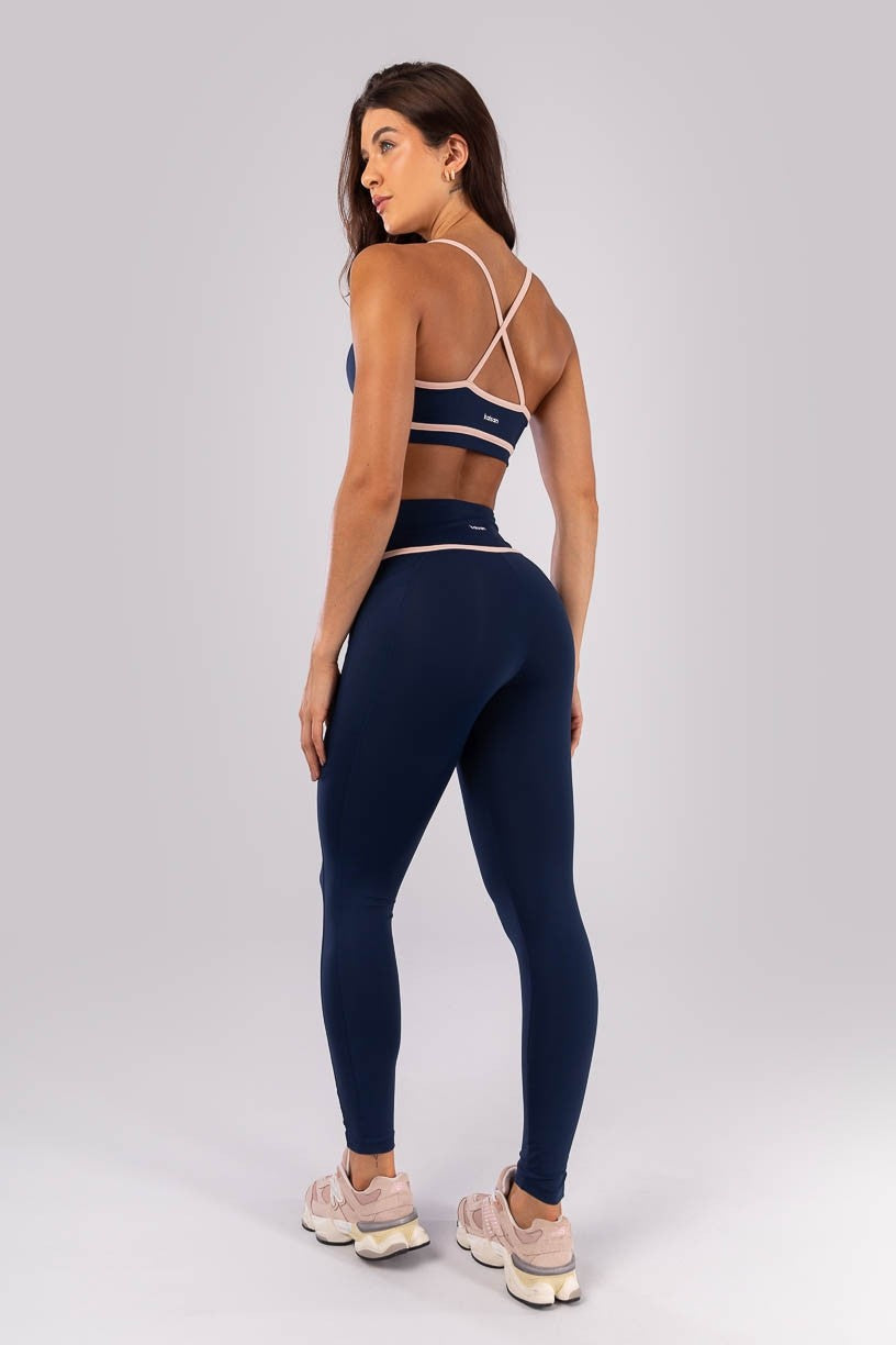 [CONJUNTO]  Top + Calça Legging com Bolsos e Chapado no Cós (Azul Marinho / Rosa Bebê) | Ref: K4521-A