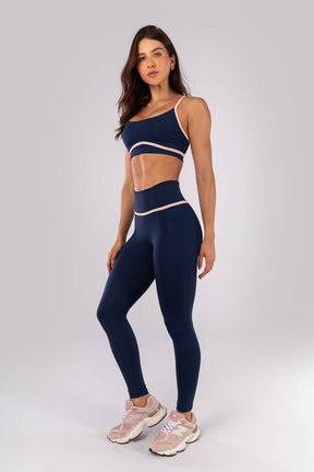 [CONJUNTO]  Top + Calça Legging com Bolsos e Chapado no Cós (Azul Marinho / Rosa Bebê) | Ref: K4521-A
