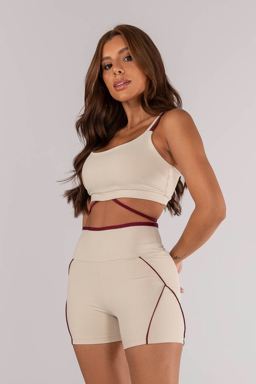 [CONJUNTO] - Short + Top Duo Tecido Com Alça e Tira Colorida (off-white / Vinho) | Ref: K4614-a