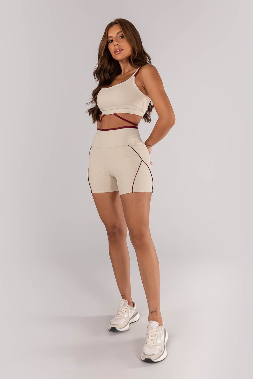 [CONJUNTO] - Short + Top Duo Tecido Com Alça e Tira Colorida (off-white / Vinho) | Ref: K4614-a