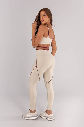 [CONJUNTO] - Top + Calça Legging Com Detalhe Vivo e Vira (off-white / Vinho) | Ref: K4615-a