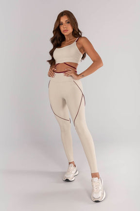 [CONJUNTO] - Top + Calça Legging Com Detalhe Vivo e Vira (off-white / Vinho) | Ref: K4615-a