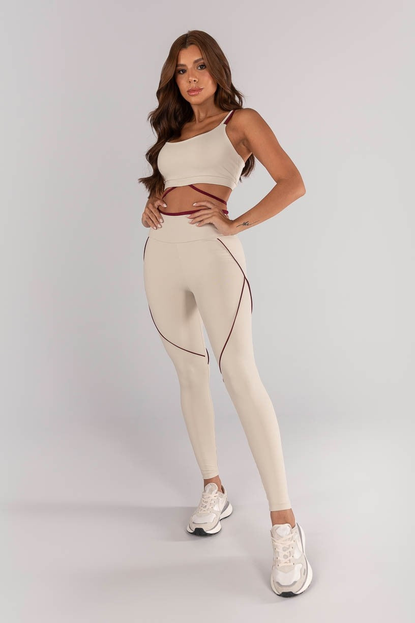 [CONJUNTO] - Top + Calça Legging Com Detalhe Vivo e Vira (off-white / Vinho) | Ref: K4615-a