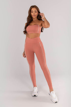 [CONJUNTO] - Top + Calça Legging Com Cós Transpassado e Bolsos Com Vivo (telha/vanilla) | Ref: K4618-b