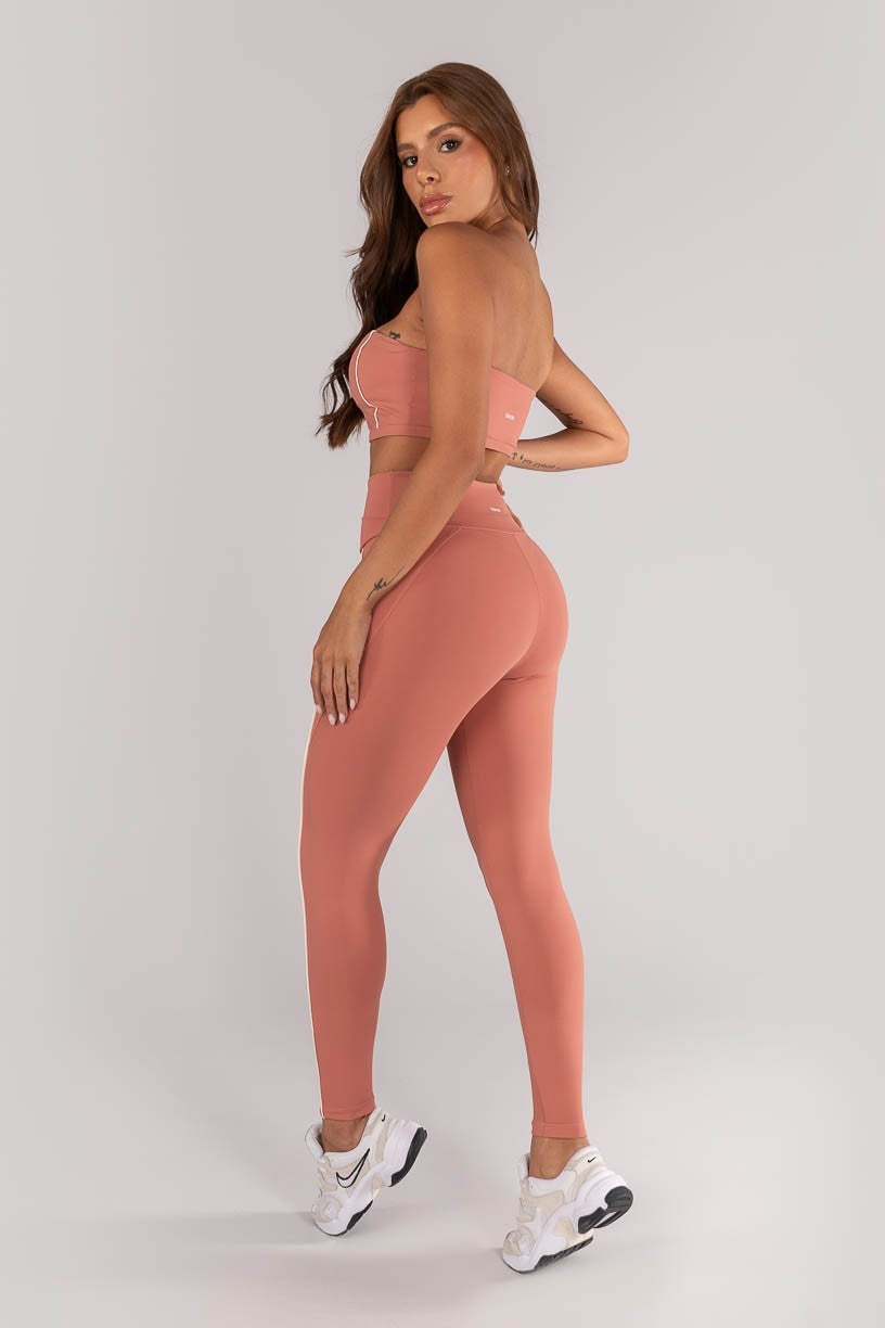 [CONJUNTO] - Top + Calça Legging Com Cós Transpassado e Bolsos Com Vivo (telha/vanilla) | Ref: K4618-b