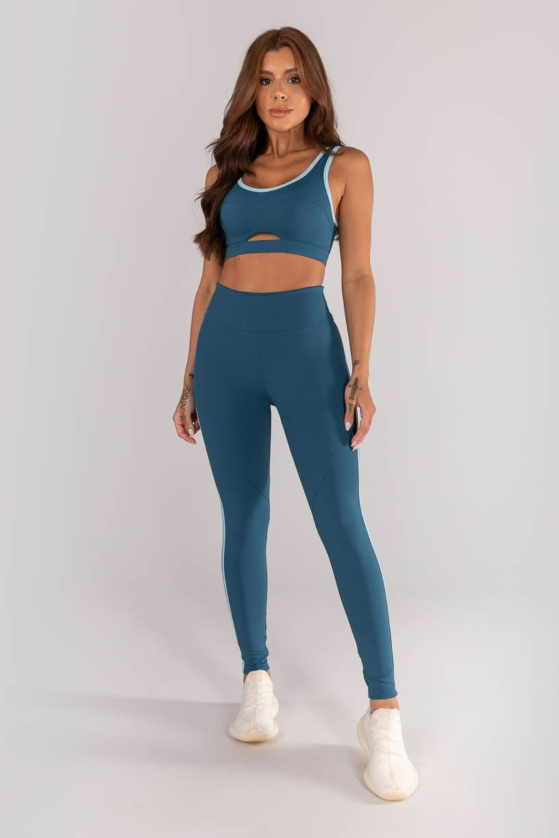 [CONJUNTO] - Top + Calça Legging com Recortes e Chapado na Lateral (Azul Petróleo / Glacial) | Ref: K4631-A