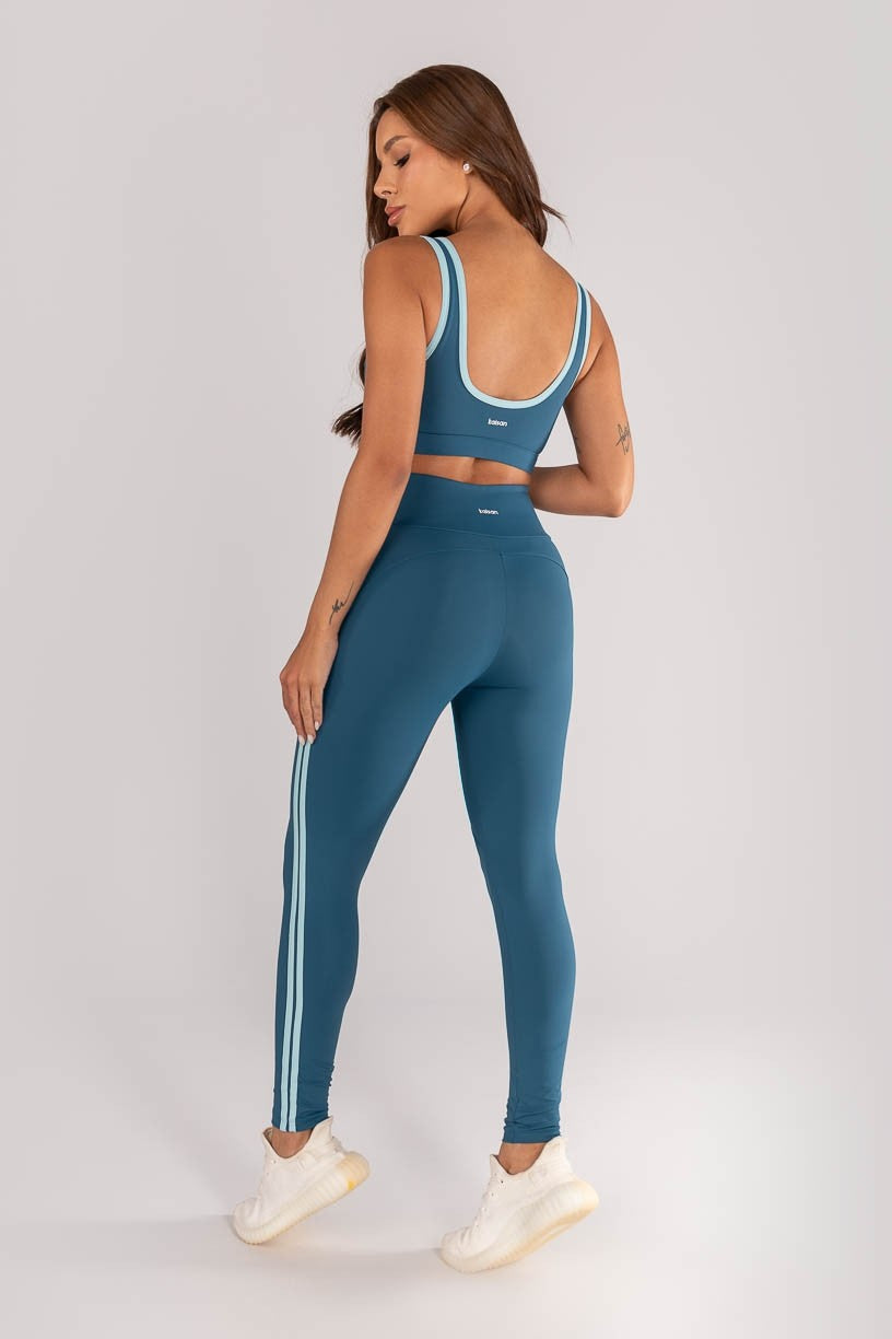 [CONJUNTO] - Top + Calça Legging com Recortes e Chapado na Lateral (Azul Petróleo / Glacial) | Ref: K4631-A