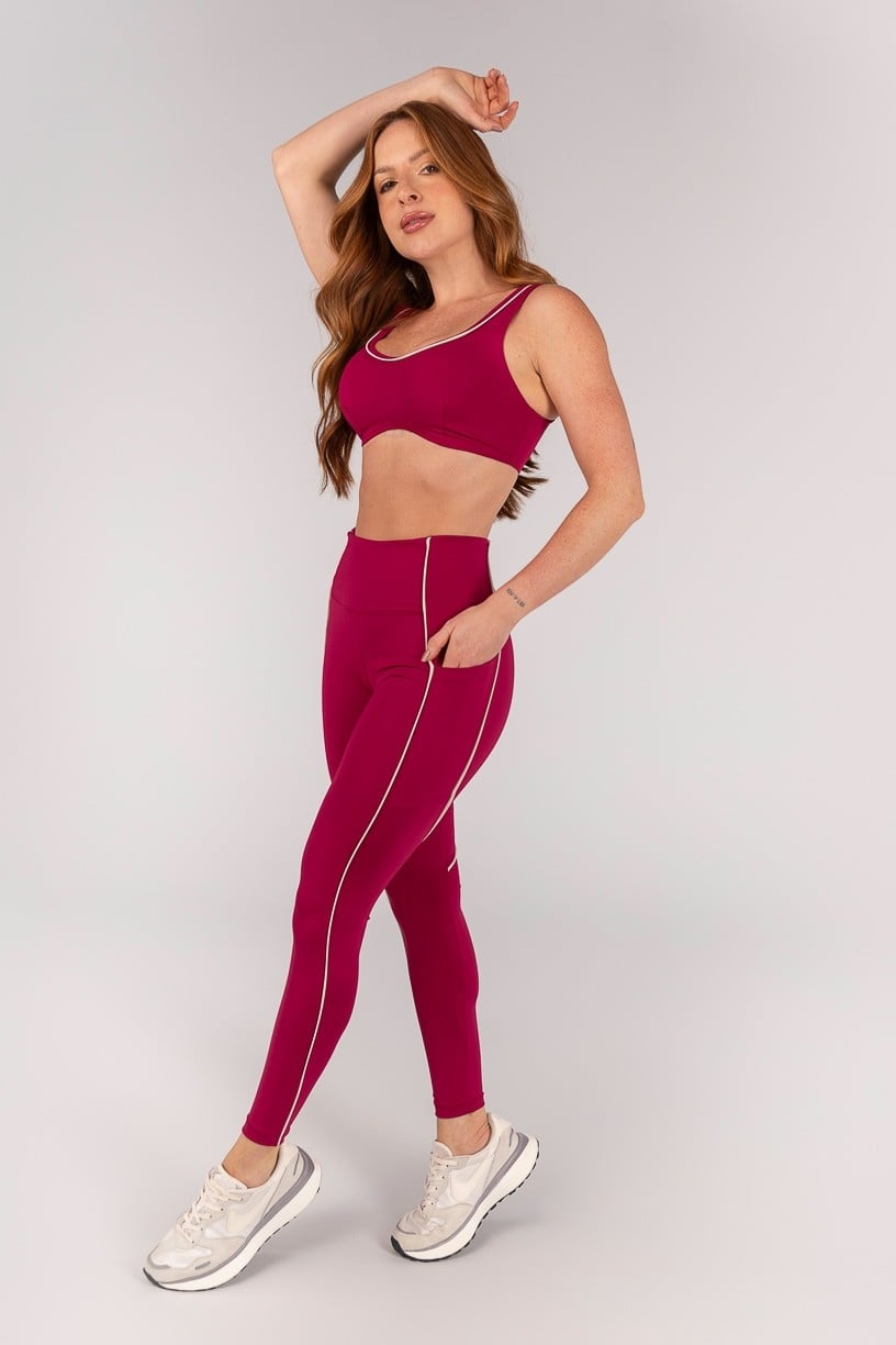 [CONJUNTO] Top + Calça Legging com Bolsos e Vivo (Açaí / Off-White) | Ref: K4647-A