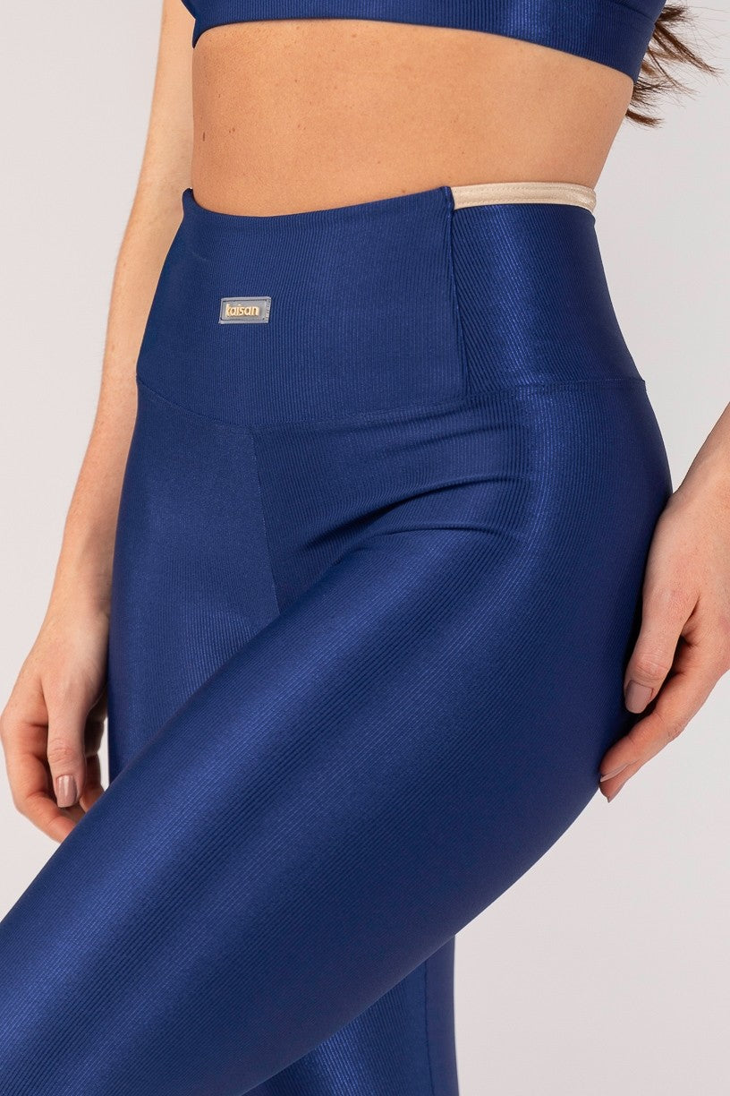 [CONJUNTO] Top + Calça Legging Mix de Tecido com Vira (Azul Marinho / Off-White) | Ref: K4659-A