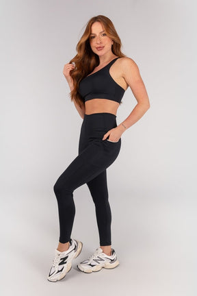 [CONJUNTO] Top + Calça Legging sem Cós Aparente e Bolsos (Preto / Off-White) | Ref: K4662-B