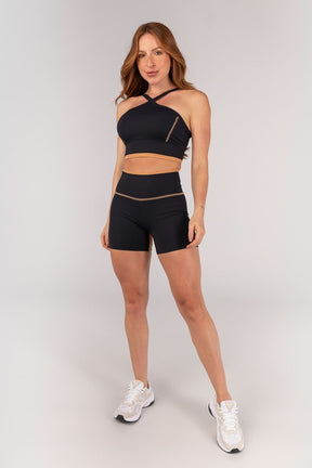 [CONJUNTO] Top + Short com Vira e Recorte Entrepernas (Preto / Caramelo) | Ref: K4668-A