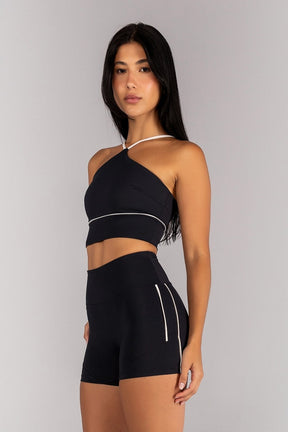 [CONJUNTO] Short + Top Halter com Alças e Vivo Platinado (Preto / Pérola) | Ref: K4676-A