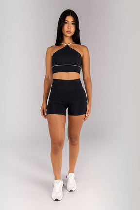 [CONJUNTO] Short + Top Halter com Alças e Vivo Platinado (Preto / Pérola) | Ref: K4676-A