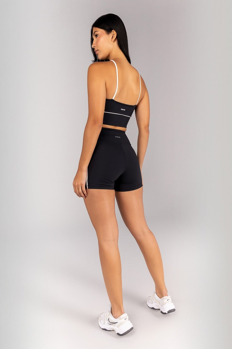 [CONJUNTO] Short + Top Halter com Alças e Vivo Platinado (Preto / Pérola) | Ref: K4676-A