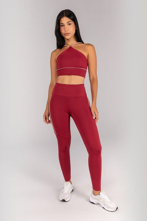 [CONJUNTO] Top + Calça Legging com Vivos na Lateral e Recorte (Vinho / Ivory) | Ref: K4677-C