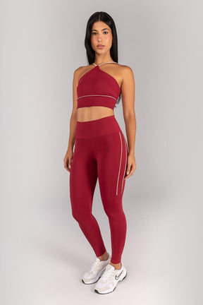 [CONJUNTO] Top + Calça Legging com Vivos na Lateral e Recorte (Vinho / Ivory) | Ref: K4677-C