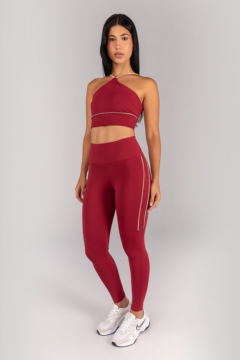 [CONJUNTO] Top + Calça Legging com Vivos na Lateral e Recorte (Vinho / Ivory) | Ref: K4677-C